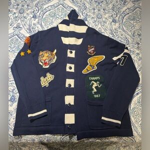 Blue Ralph Lauren varsity sweater with cool Patches